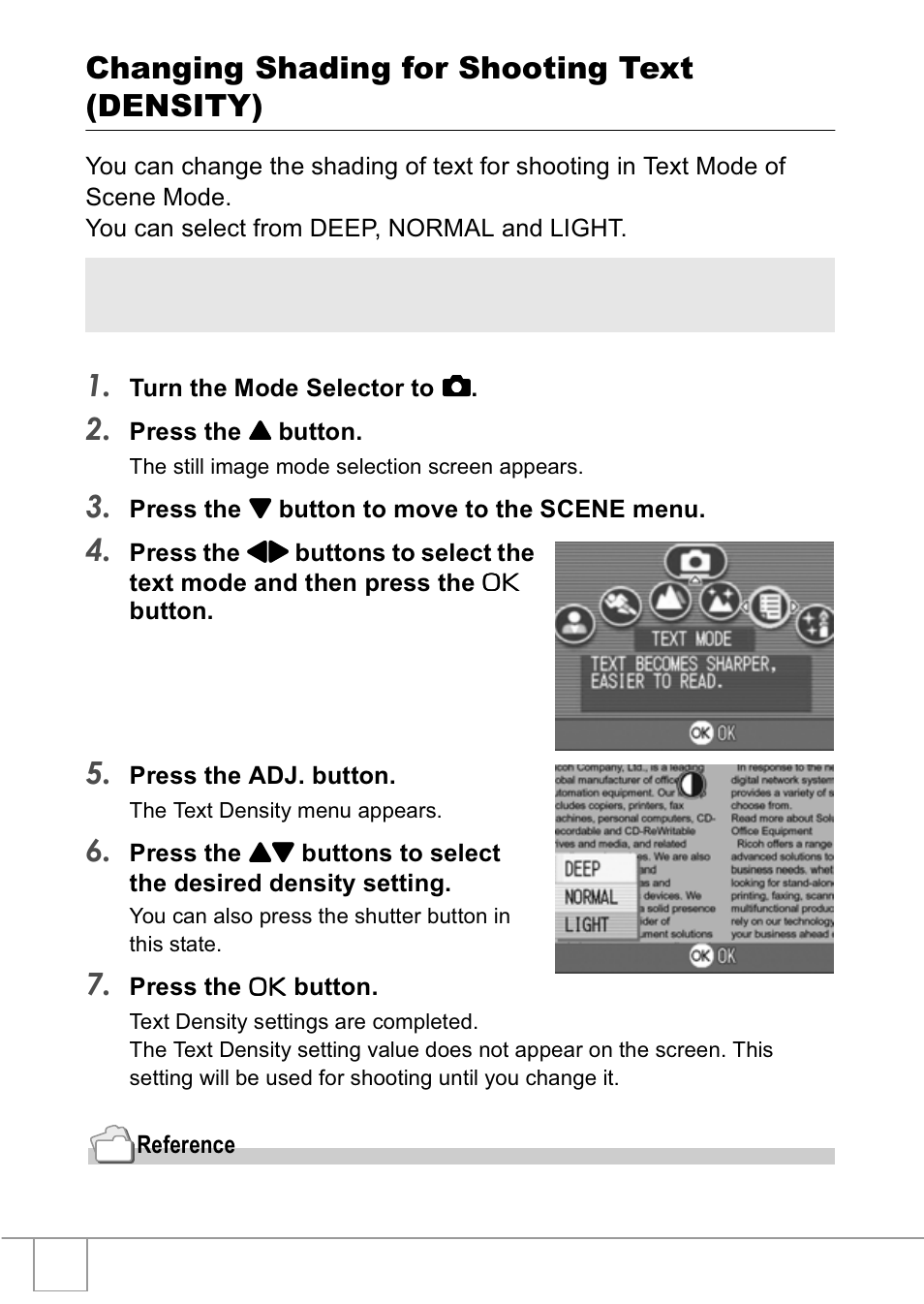 Changing shading for shooting text (density) | Ricoh R1v User Manual | Page 57 / 156