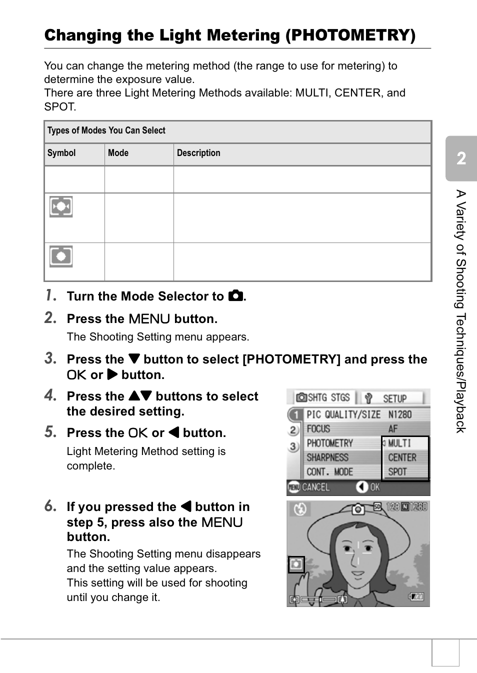 Changing the light metering (photometry) | Ricoh R1v User Manual | Page 66 / 156