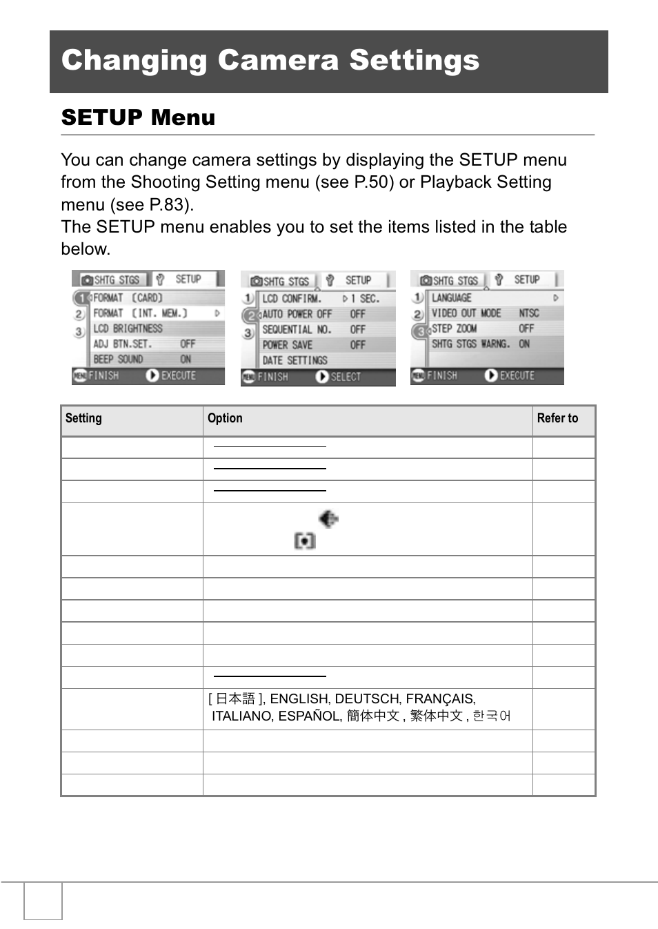 Changing camera settings, Setup menu | Ricoh R1v User Manual | Page 95 / 156