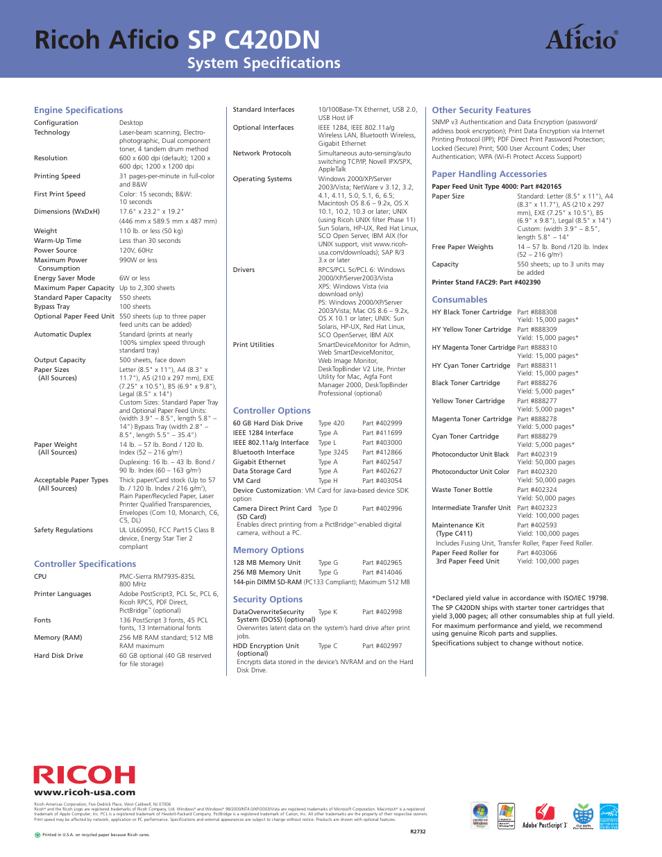 Ricoh aficio sp c420dn, System specifications | Ricoh Aficio SP C420DN User Manual | Page 4 / 4
