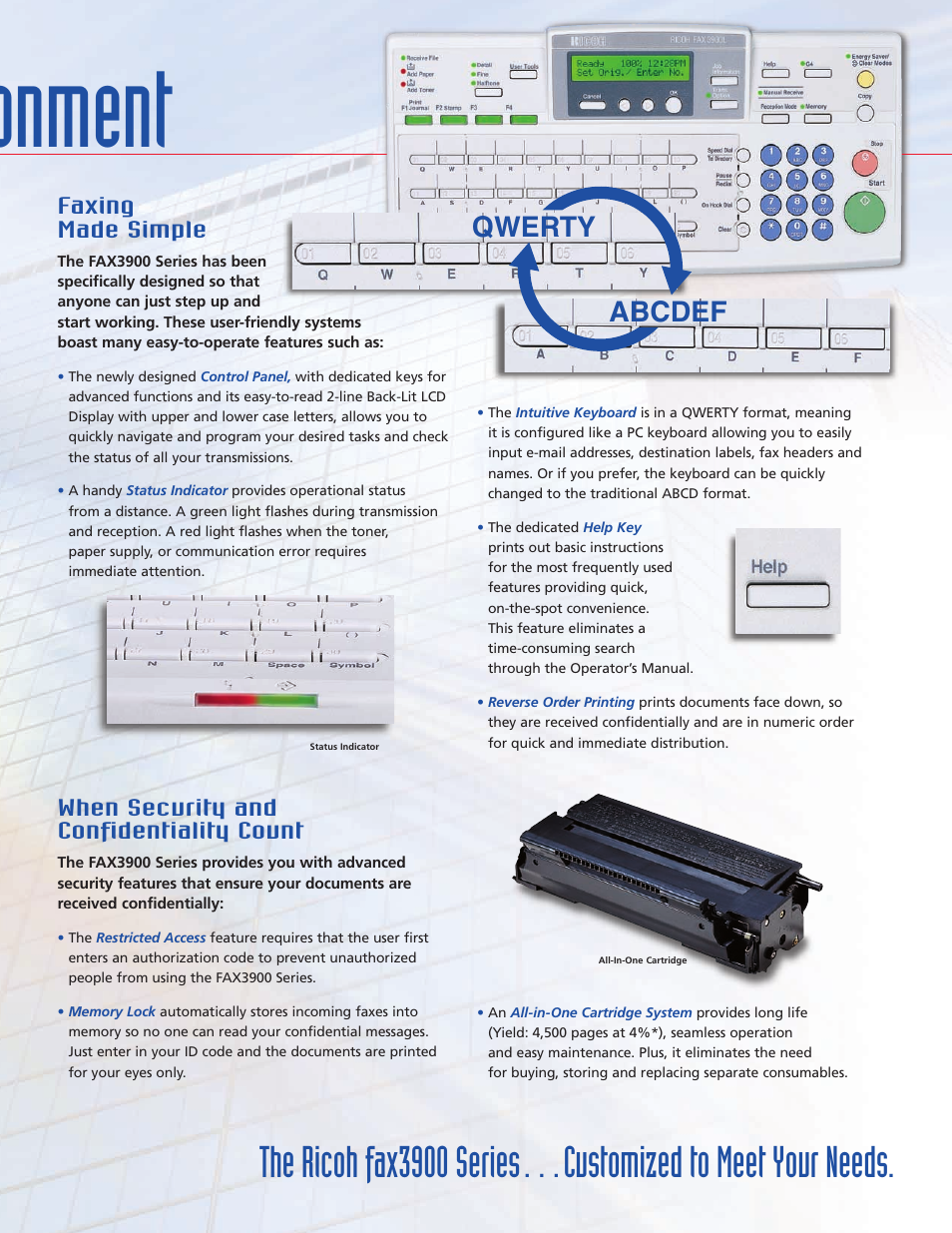 Onment, Qwerty abcdef, Faxing made simple | When security and confidentiality count | Ricoh 3900L User Manual | Page 5 / 6