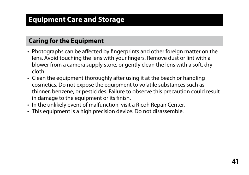 Equipment care and storage | Ricoh S10 24-72MM F2.5-4.4VC User Manual | Page 41 / 46