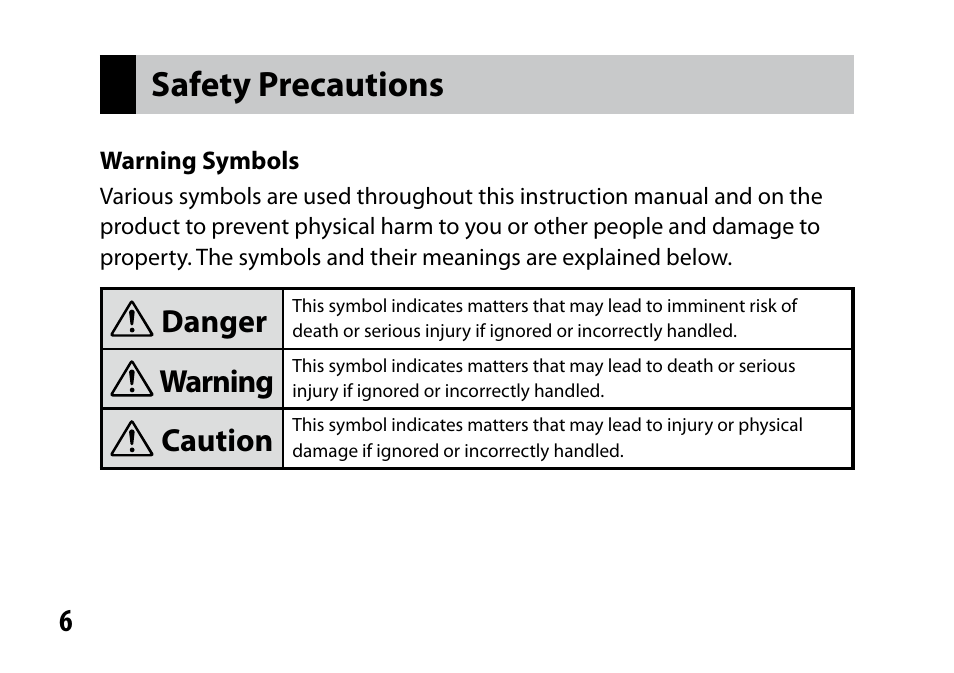 Safety precautions, Danger, Warning | Caution | Ricoh S10 24-72MM F2.5-4.4VC User Manual | Page 6 / 46