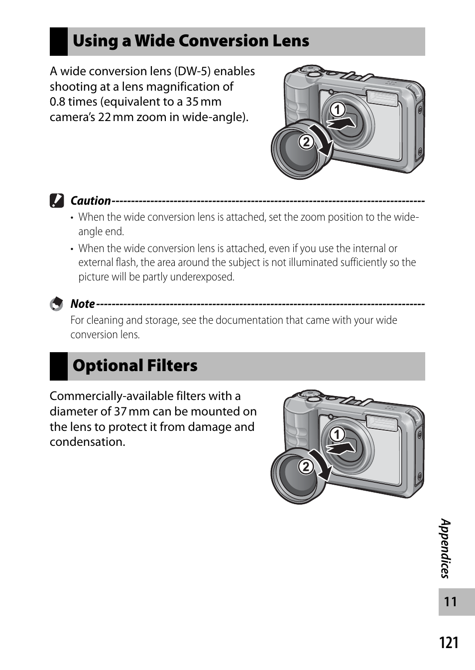 Using a wide conversion lens, Optional filters | Ricoh G700 User Manual | Page 123 / 135