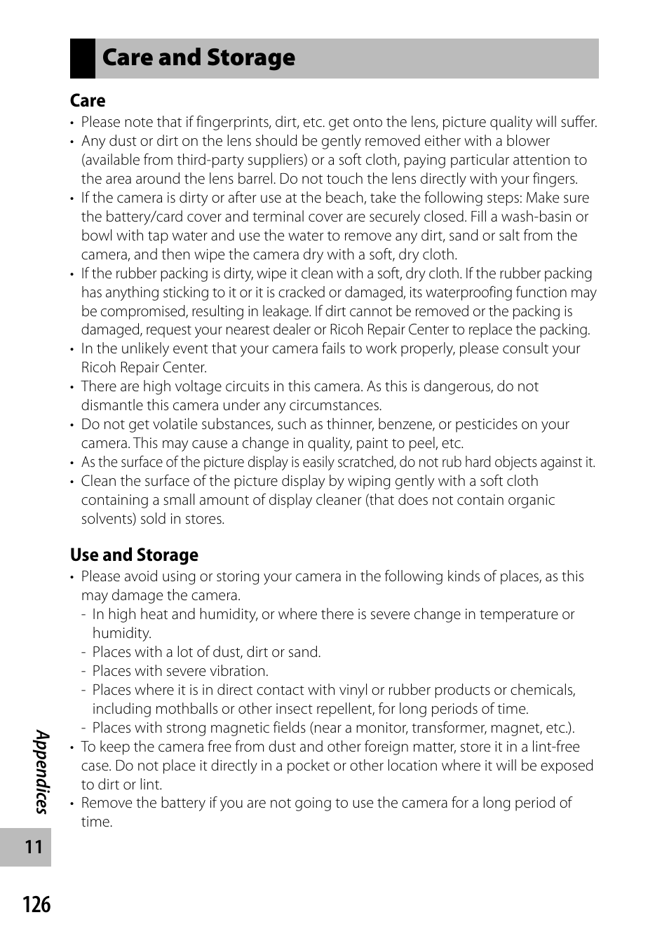 Care and storage | Ricoh G700 User Manual | Page 128 / 135