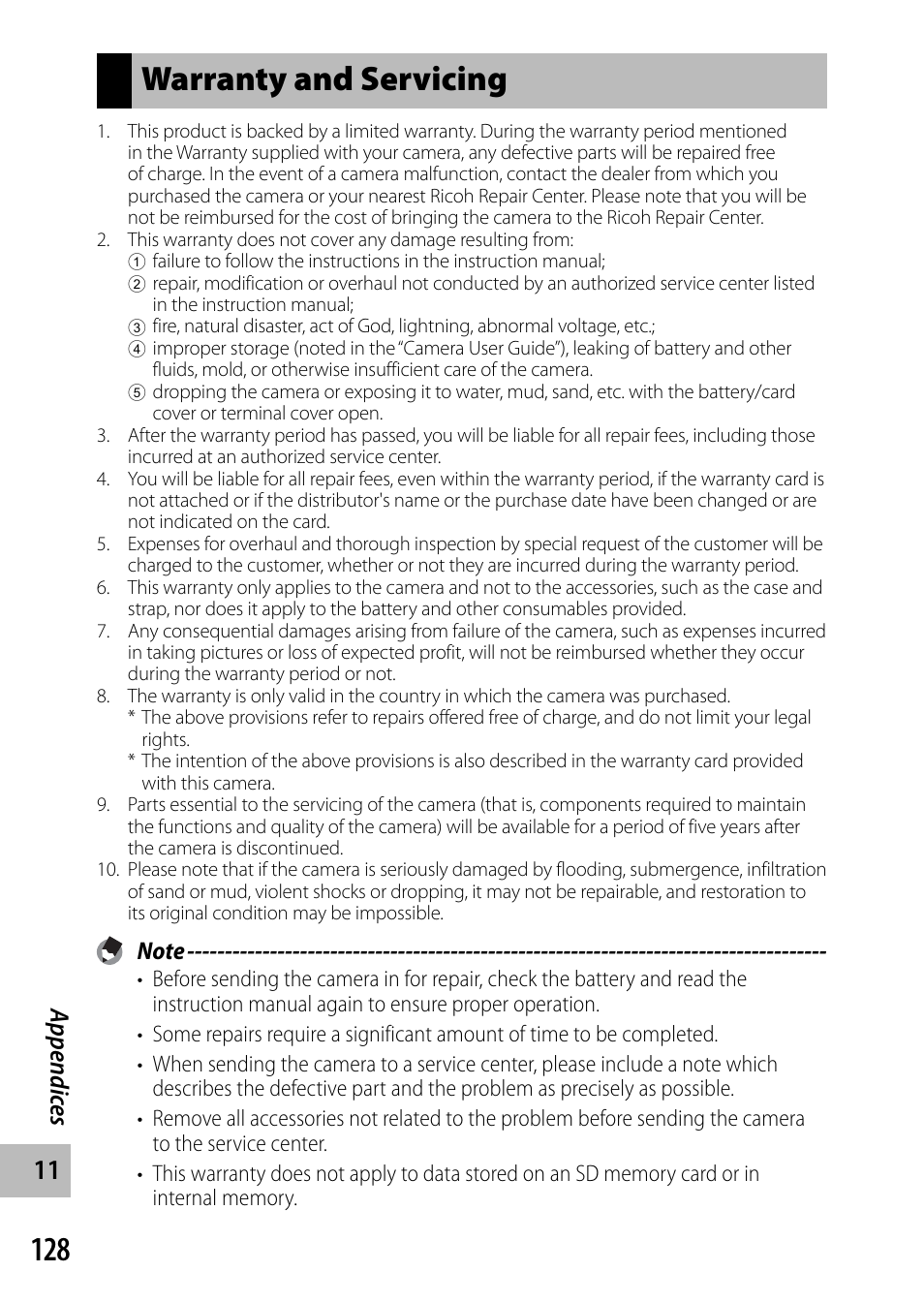 Warranty and servicing, Appendic es | Ricoh G700 User Manual | Page 130 / 135