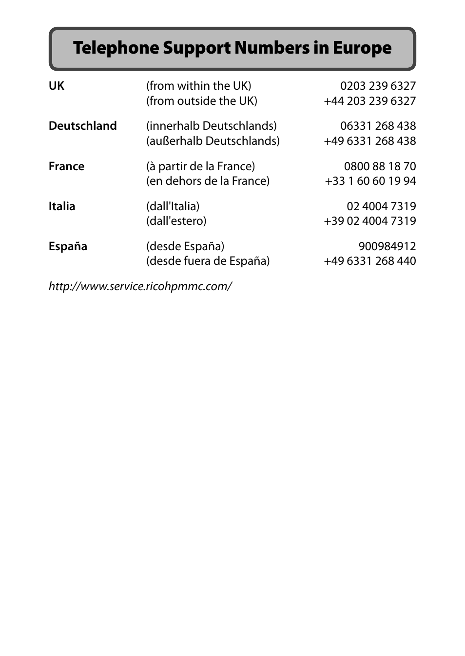 Telephone support numbers in europe | Ricoh G700 User Manual | Page 134 / 135