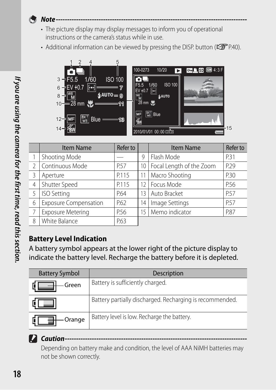 Battery level indication, Caution | Ricoh G700 User Manual | Page 20 / 135