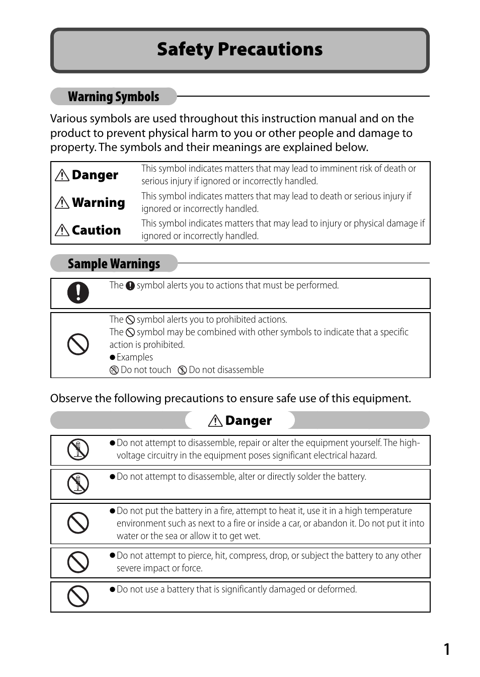 Safety precautions, Warning symbols, Sample warnings | Danger, Warning, Caution | Ricoh G700 User Manual | Page 3 / 135