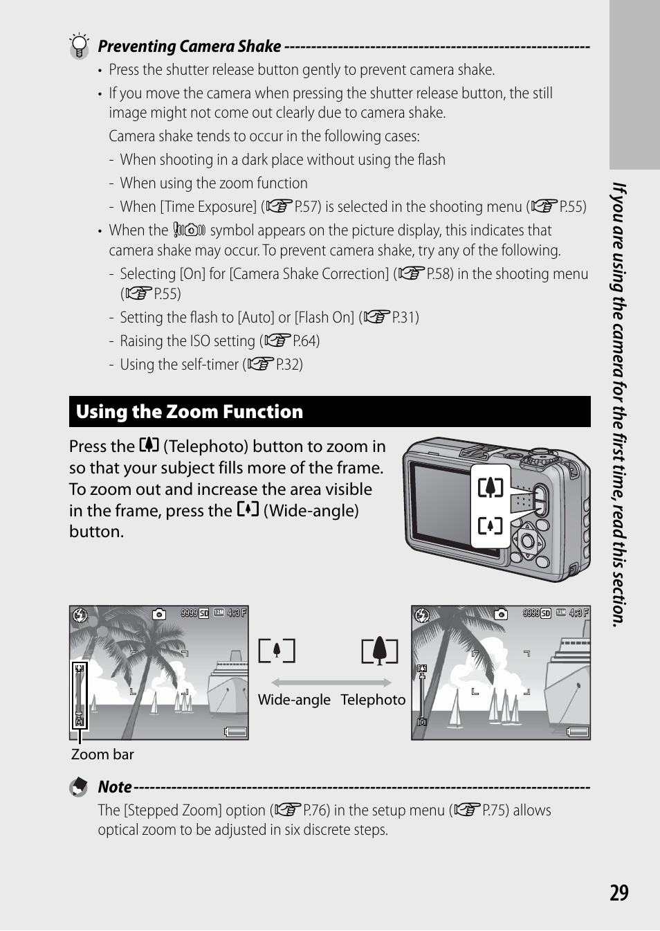 Using the zoom function, Preventing camera shake | Ricoh G700 User Manual | Page 31 / 135