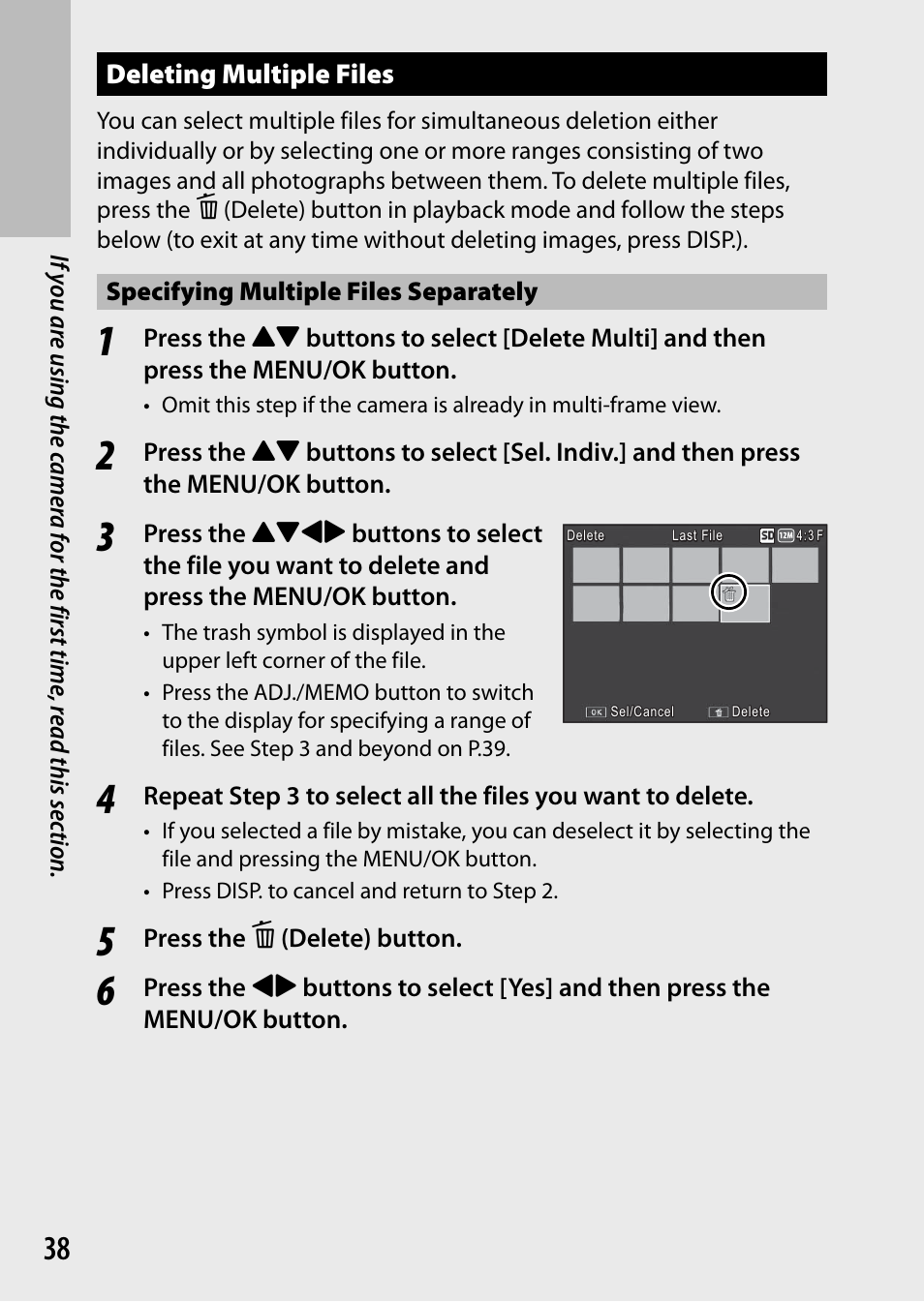 Deleting multiple files, Specifying multiple files separately, Press the d (delete) button | Ricoh G700 User Manual | Page 40 / 135
