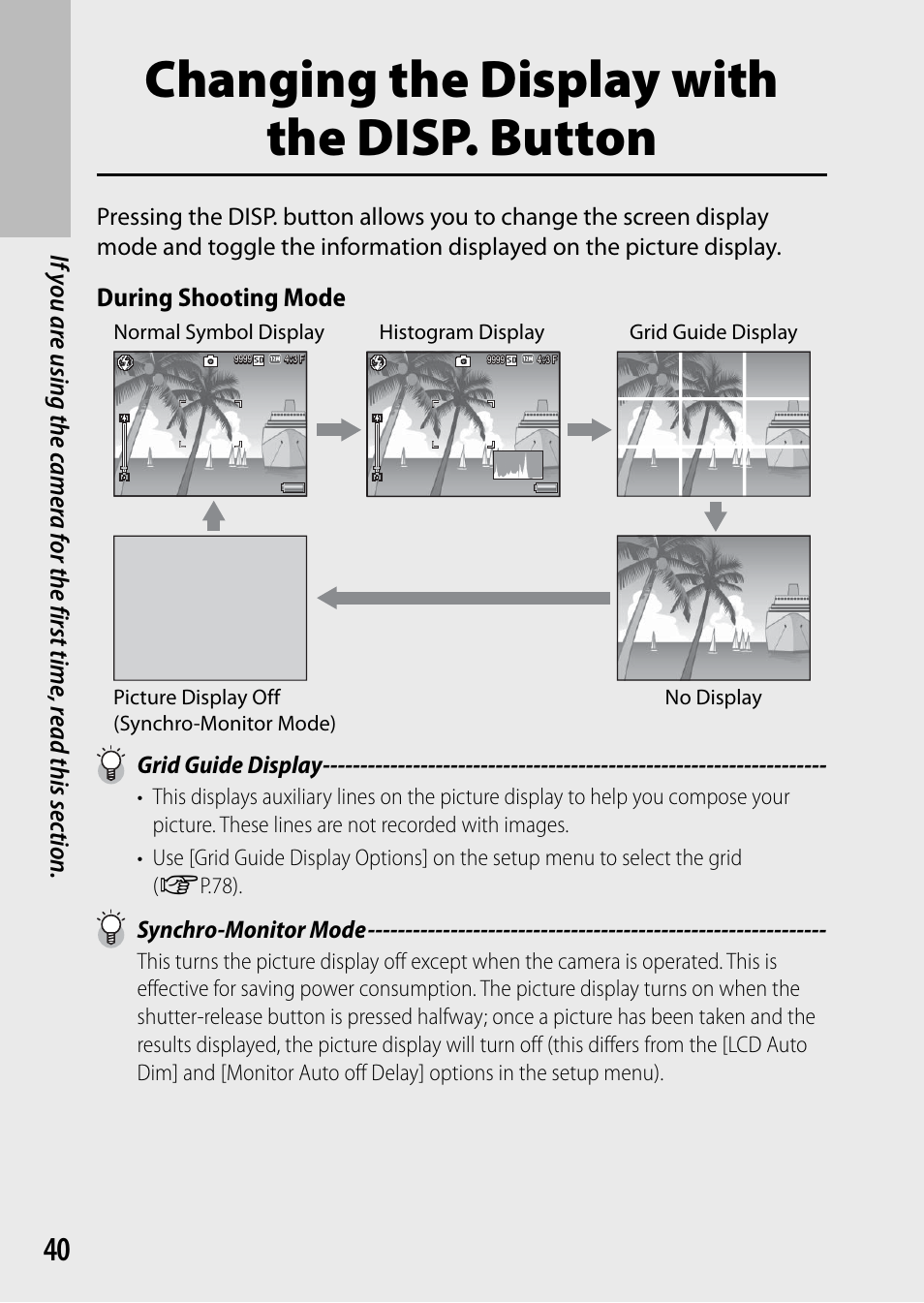 Changing the display with the disp. button, During shooting mode, Grid guide display | Synchro-monitor mode | Ricoh G700 User Manual | Page 42 / 135