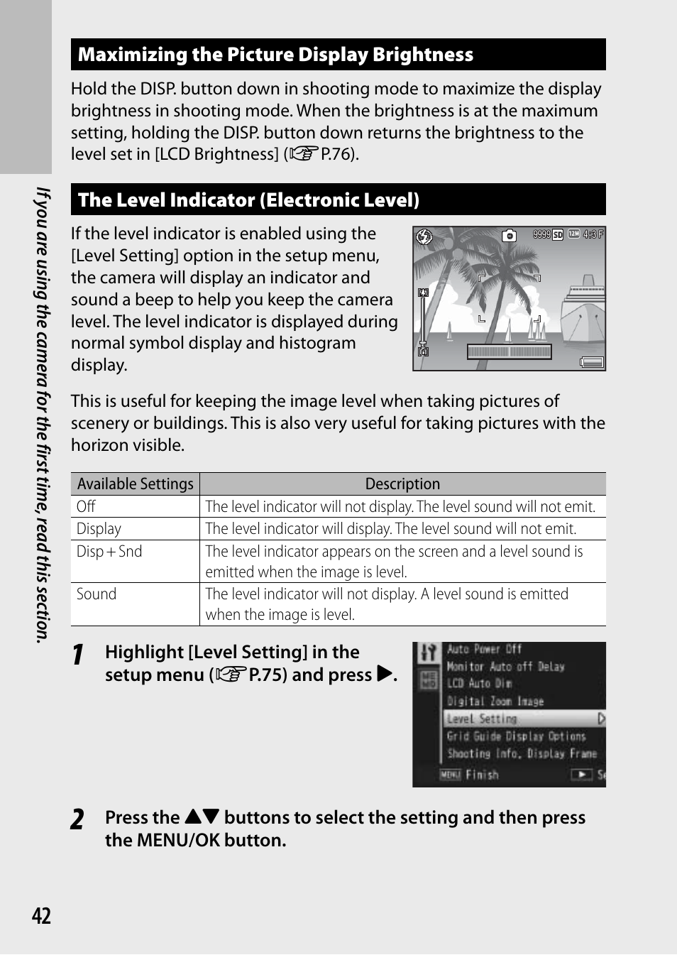 Maximizing the picture display brightness, The level indicator (electronic level) | Ricoh G700 User Manual | Page 44 / 135