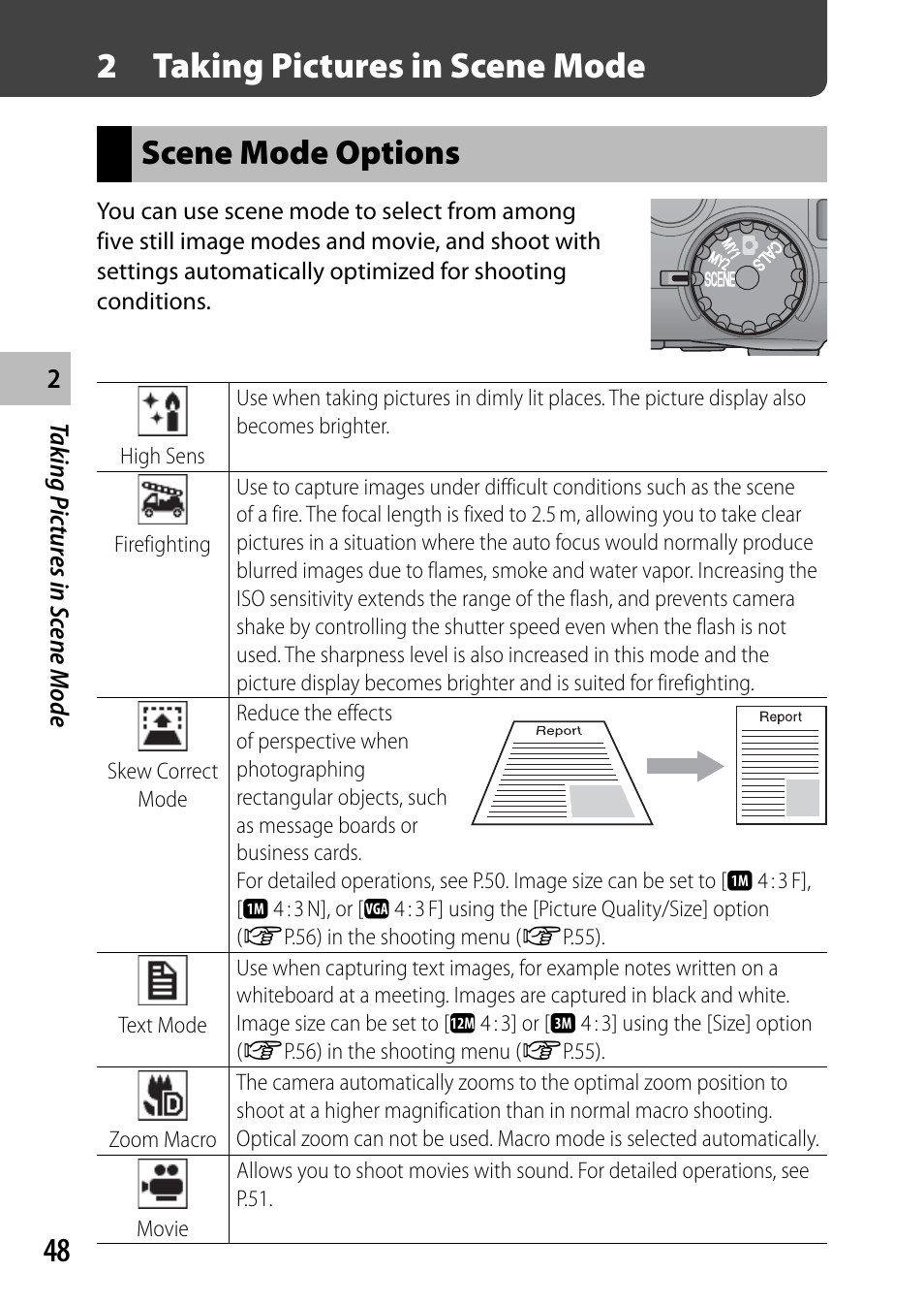 2 taking pictures in scene mode, Scene mode options | Ricoh G700 User Manual | Page 50 / 135