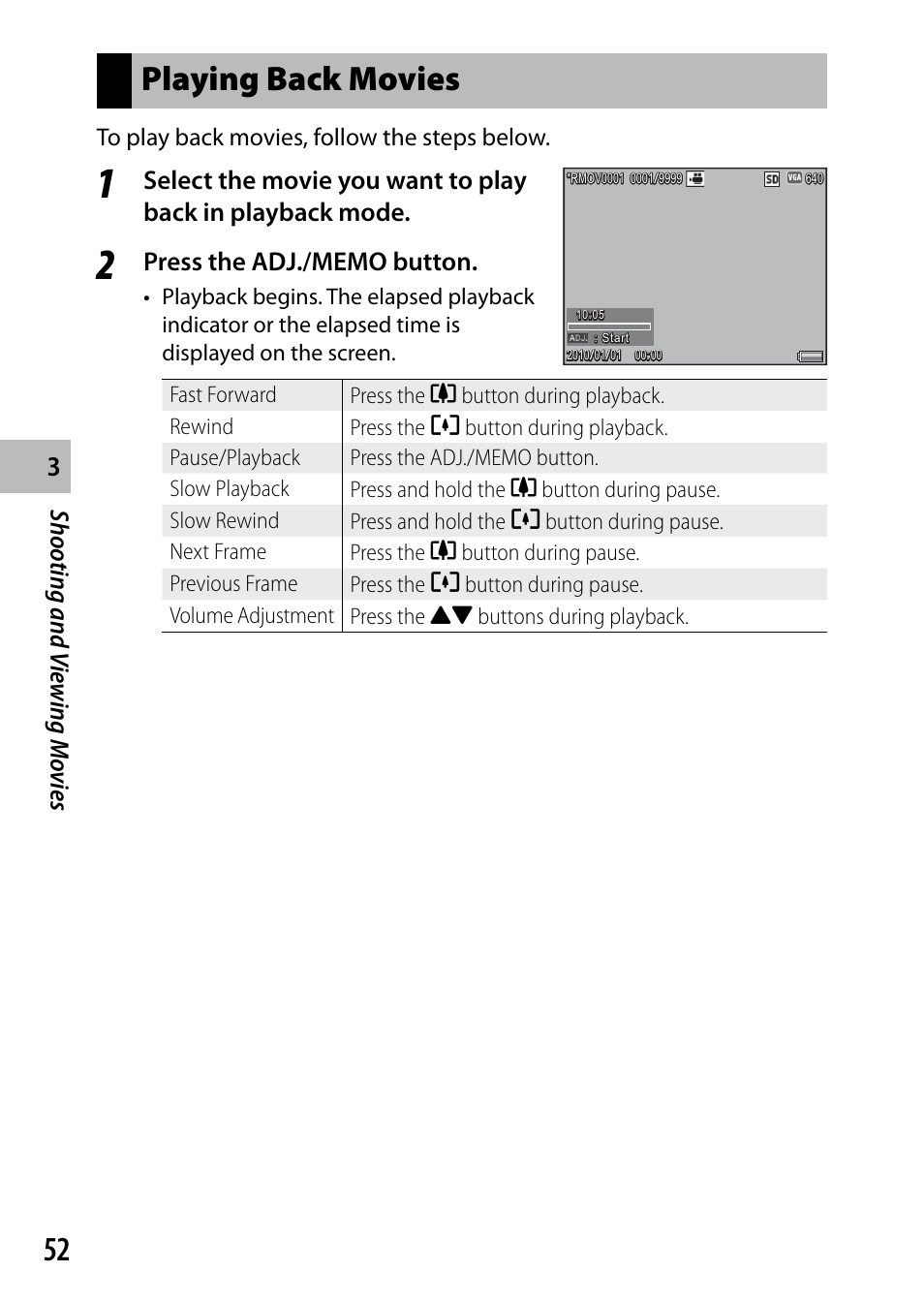 Playing back movies, Shooting and v iewing mo vies | Ricoh G700 User Manual | Page 54 / 135