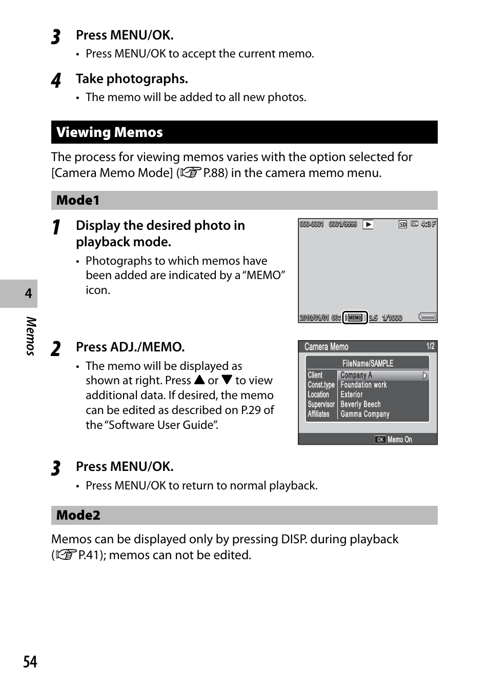 Press menu/ok, Take photographs, Mode1 | Display the desired photo in playback mode, Mode2 | Ricoh G700 User Manual | Page 56 / 135