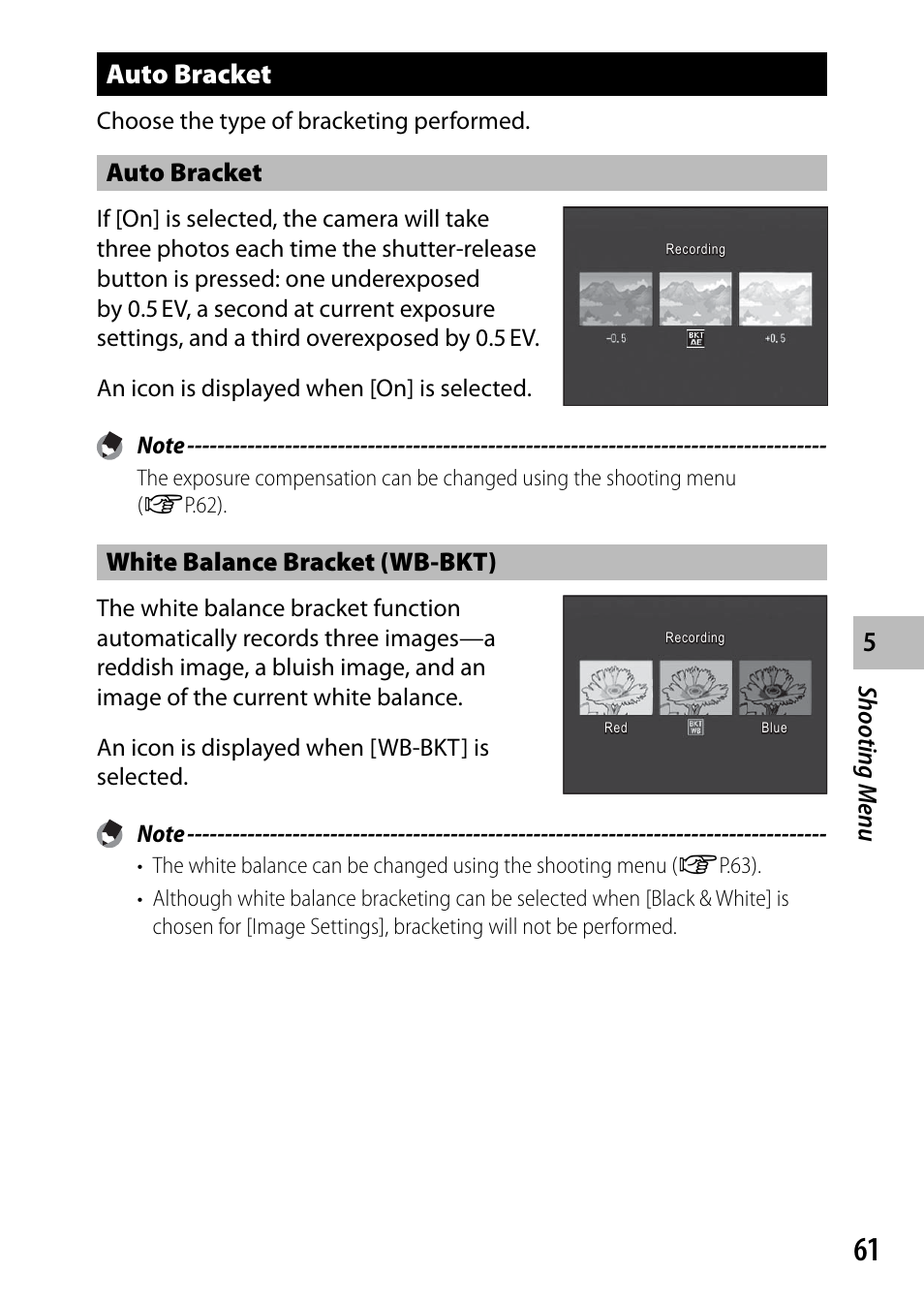 Auto bracket, Shooting men u, White balance bracket (wb-bkt) | Choose the type of bracketing performed | Ricoh G700 User Manual | Page 63 / 135