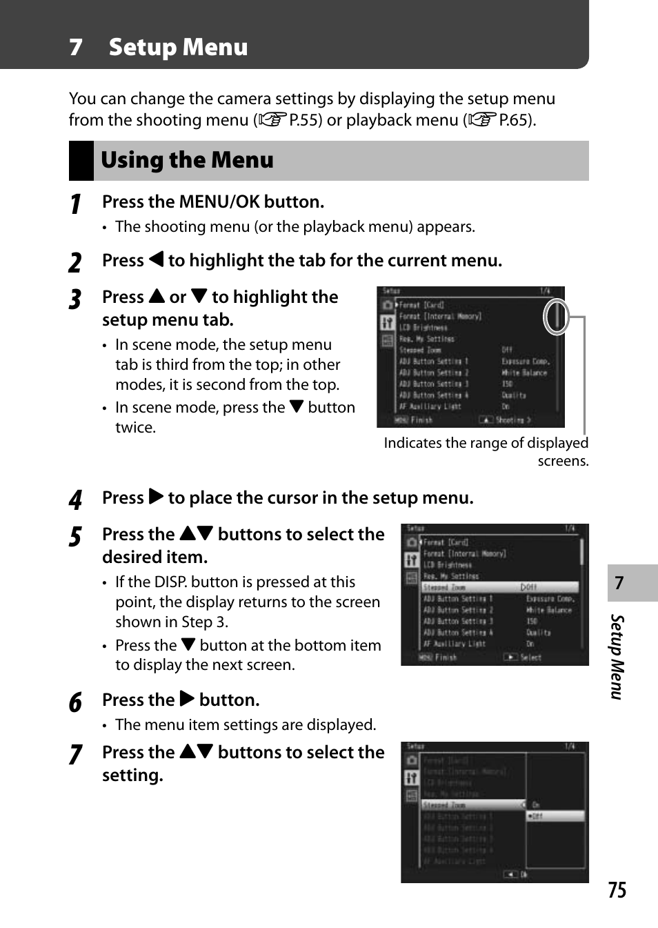 7setup menu, Using the menu | Ricoh G700 User Manual | Page 77 / 135