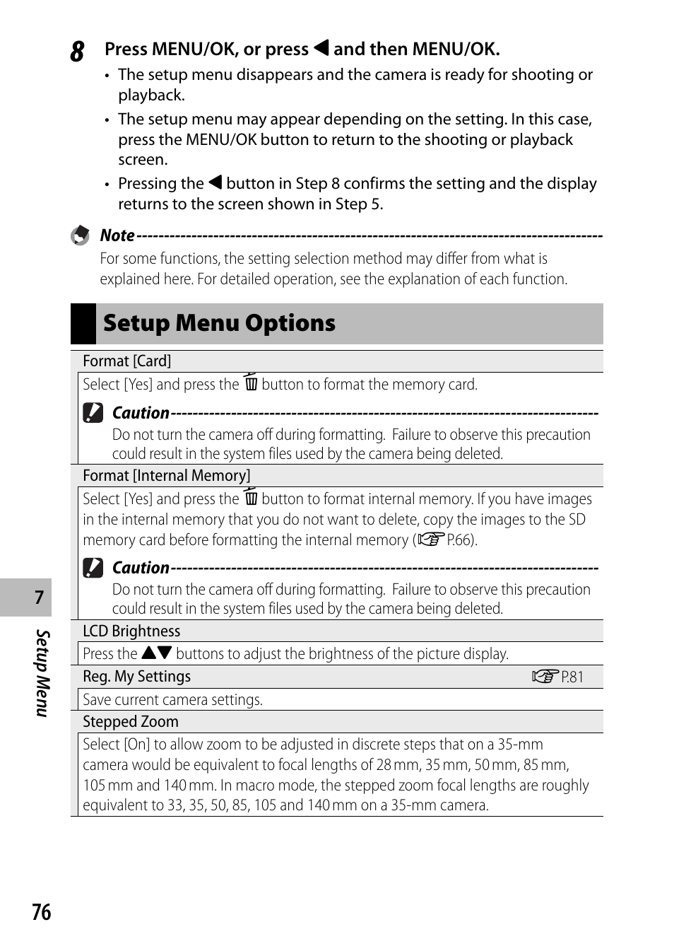 Setup menu options | Ricoh G700 User Manual | Page 78 / 135