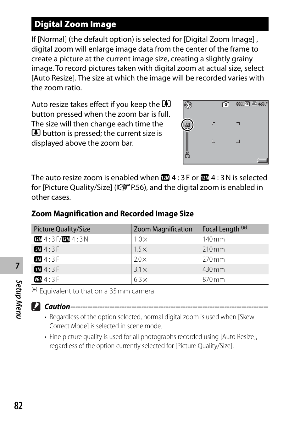Digital zoom image, Setup men u, Zoom magnification and recorded image size | Caution | Ricoh G700 User Manual | Page 84 / 135