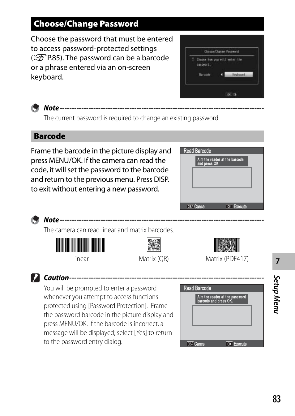 Choose/change password, Setup men u, Barcode | Caution | Ricoh G700 User Manual | Page 85 / 135
