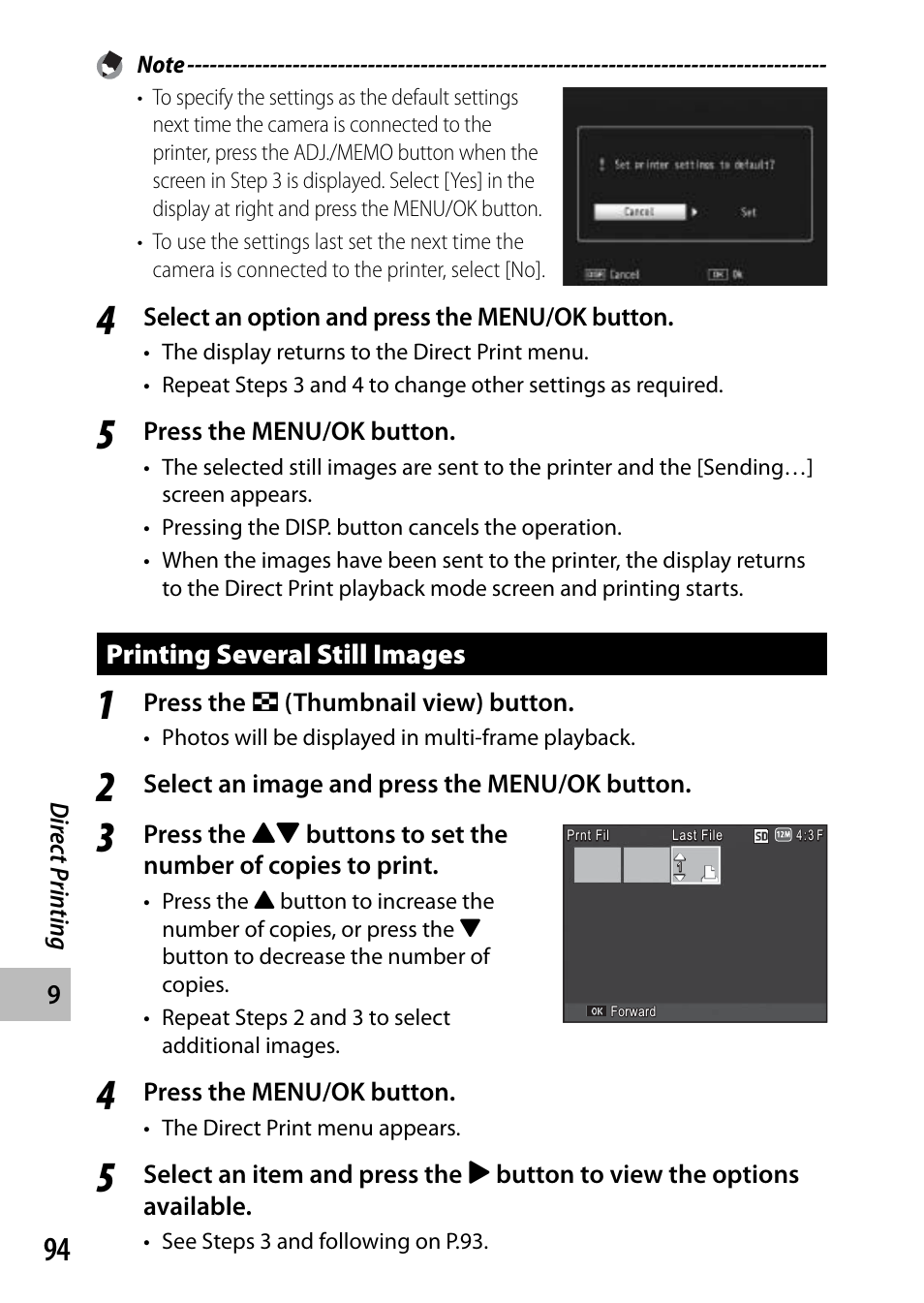 Printing several still images, Dir ec t printing, Select an option and press the menu/ok button | Press the menu/ok button, Press the 9 (thumbnail view) button, Select an image and press the menu/ok button | Ricoh G700 User Manual | Page 96 / 135