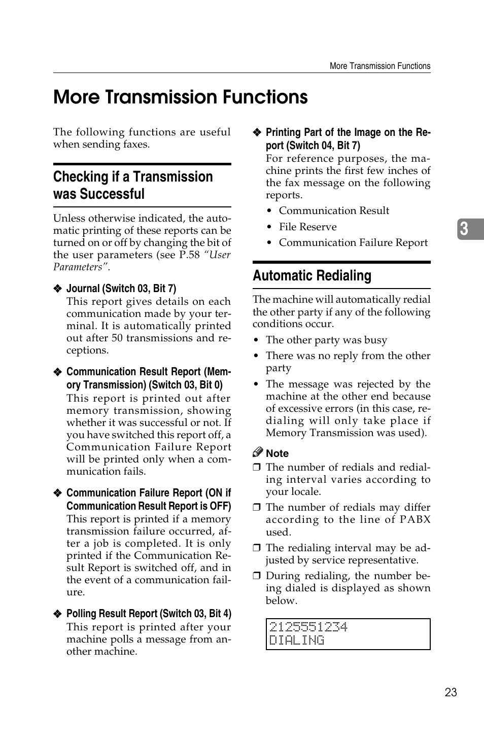 3more transmission functions, Checking if a transmission was successful, Automatic redialing | Ricoh FAX2050L User Manual | Page 103 / 216