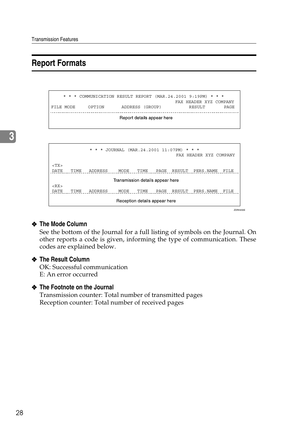 Report formats, The mode column, The result column | Ok: successful communication e: an error occurred | Ricoh FAX2050L User Manual | Page 108 / 216