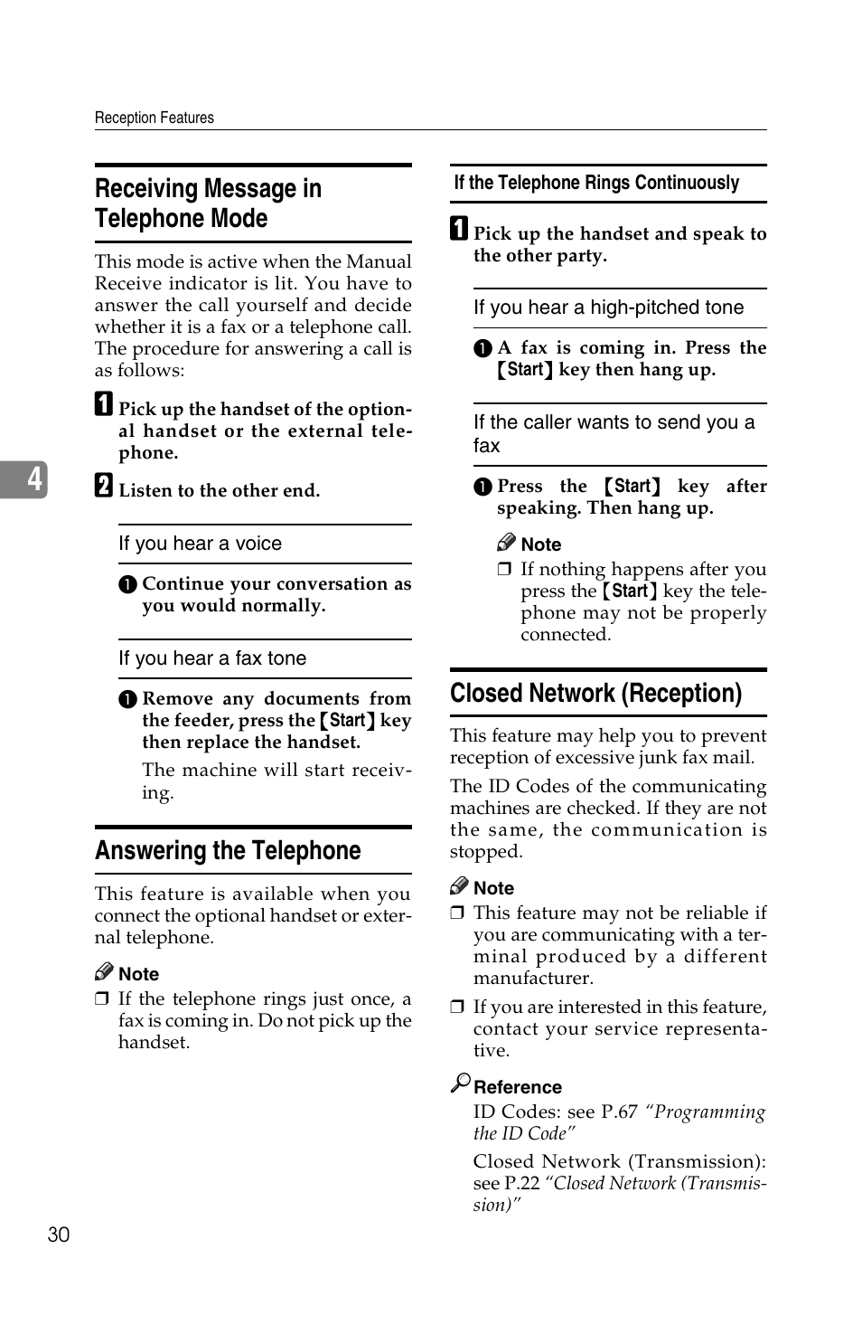 Receiving message in telephone mode, Answering the telephone, Closed network (reception) | Ricoh FAX2050L User Manual | Page 110 / 216