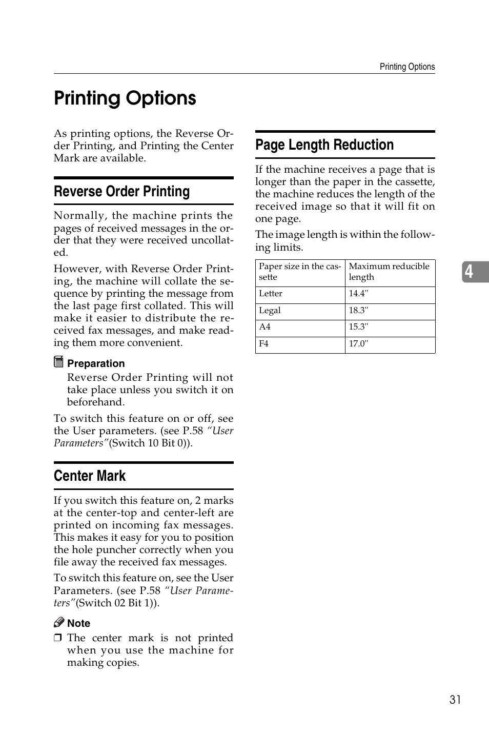 4printing options, Reverse order printing, Center mark | Page length reduction | Ricoh FAX2050L User Manual | Page 111 / 216