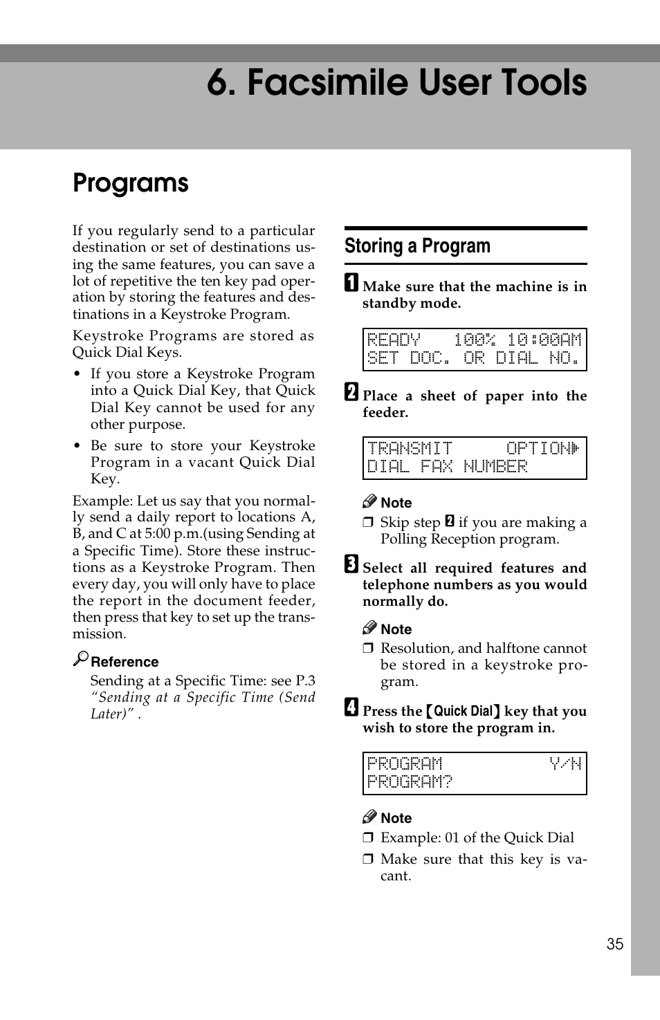 Facsimile user tools, Programs, Storing a program | Ricoh FAX2050L User Manual | Page 115 / 216