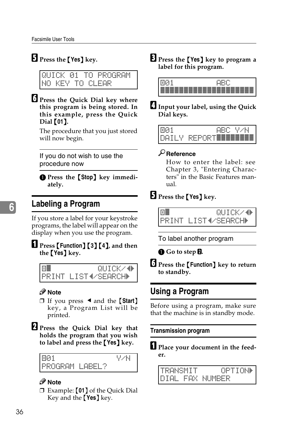 Labeling a program, Using a program | Ricoh FAX2050L User Manual | Page 116 / 216