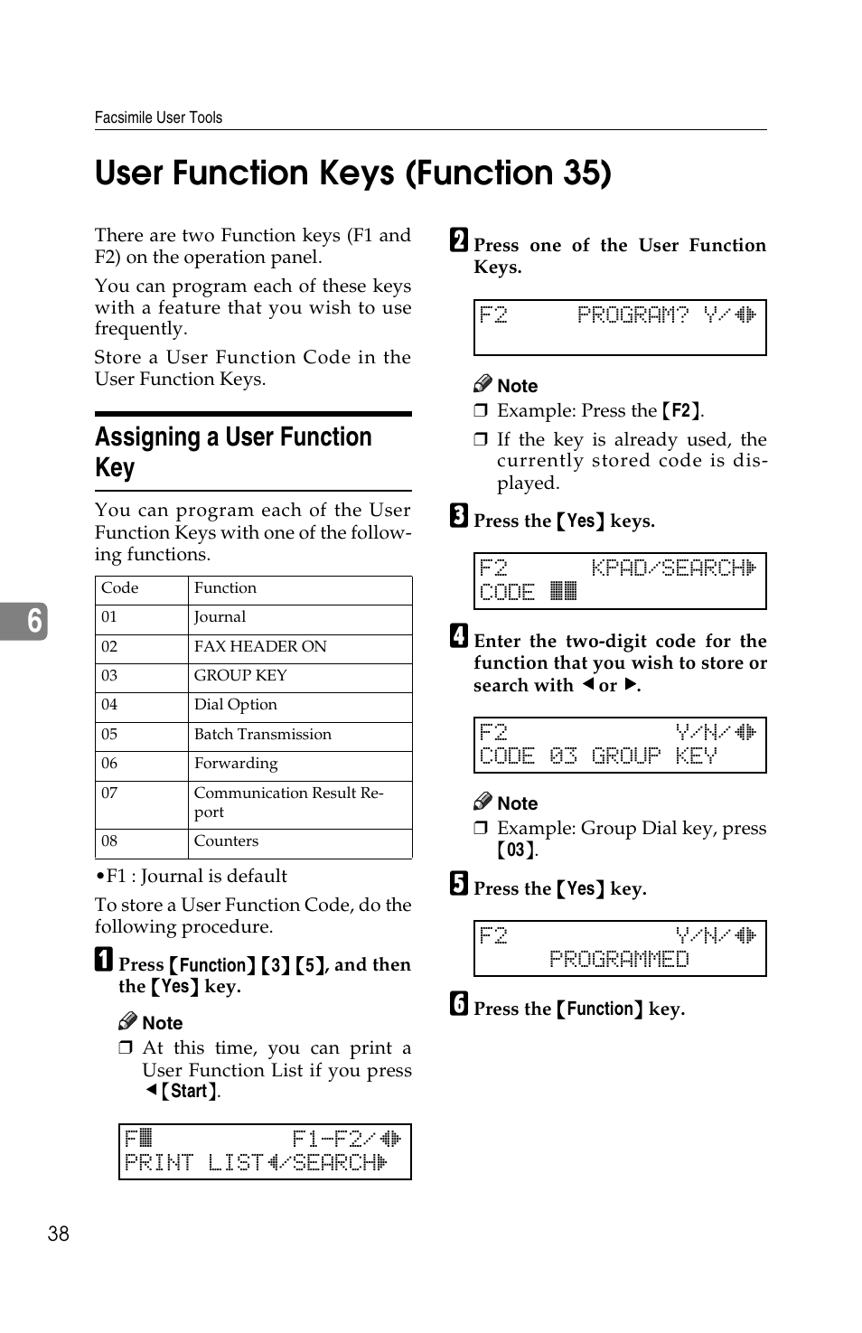 6user function keys (function 35), Assigning a user function key, Fk f1-f2/hi print listh/searchi | F2 program? y/hi, F2 kpad/searchi code kk, F2 y/n/hi code 03 group key, F2 y/n/hi programmed | Ricoh FAX2050L User Manual | Page 118 / 216