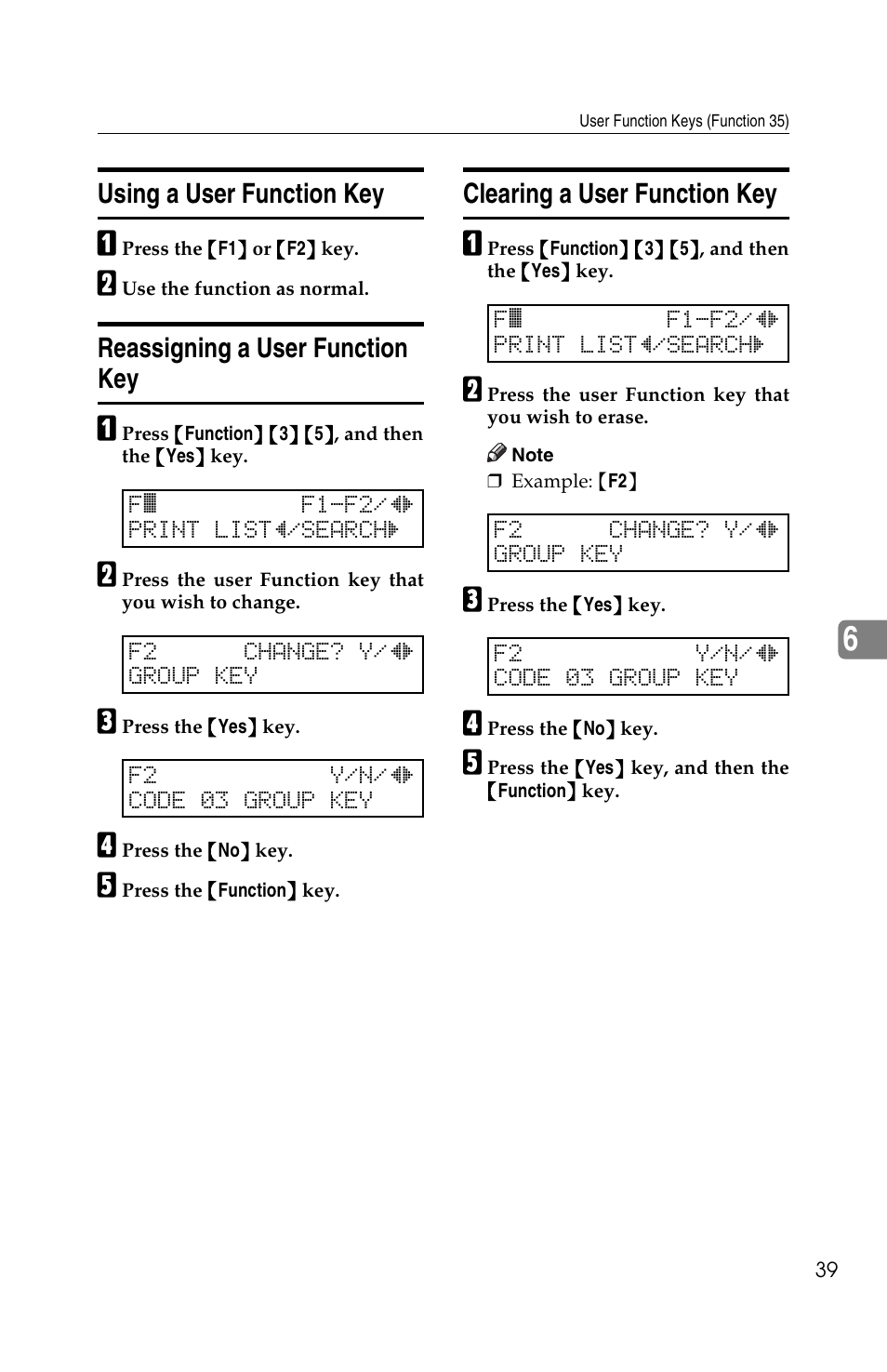 Using a user function key, Reassigning a user function key, Clearing a user function key | Ricoh FAX2050L User Manual | Page 119 / 216