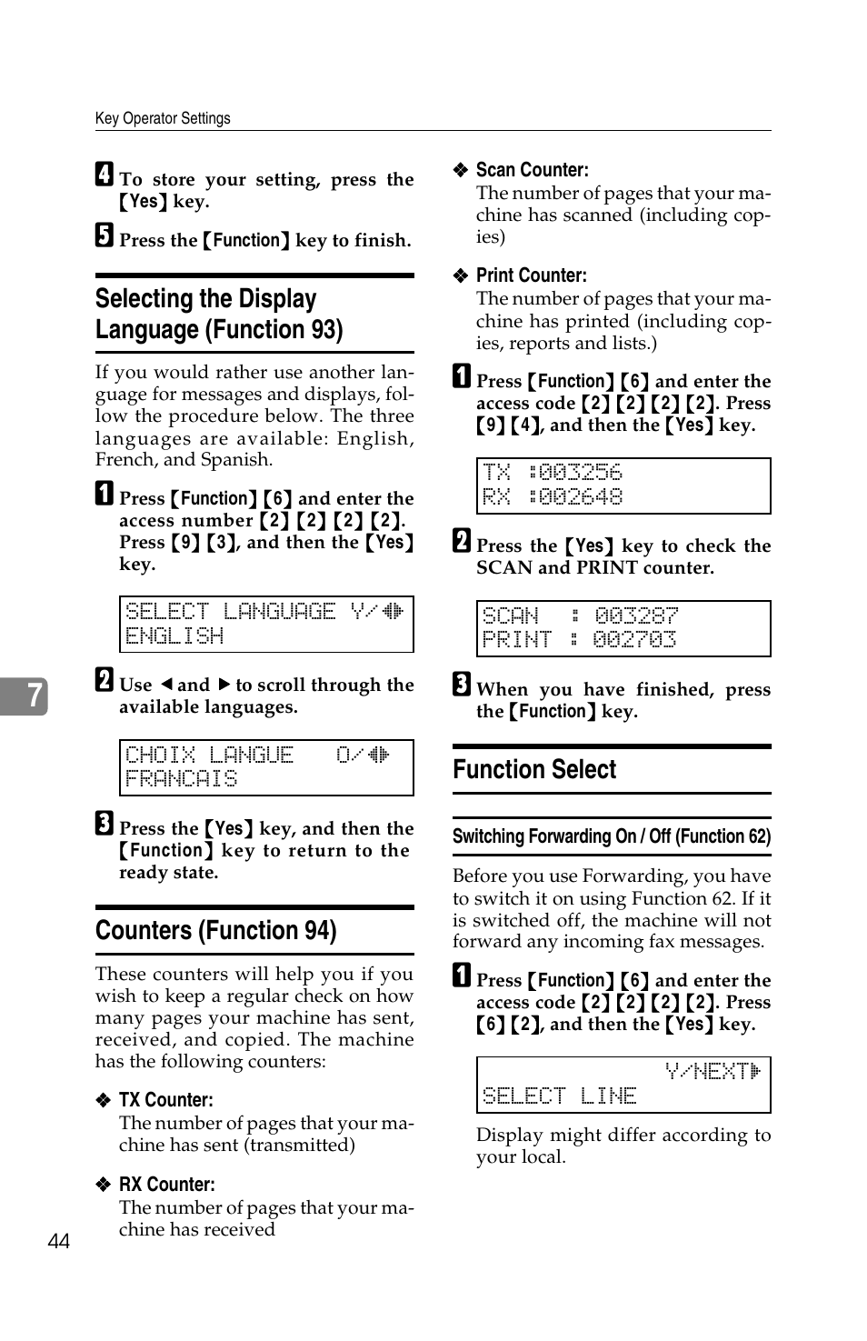 Selecting the display language (function 93), Counters (function 94), Function select | Ricoh FAX2050L User Manual | Page 124 / 216