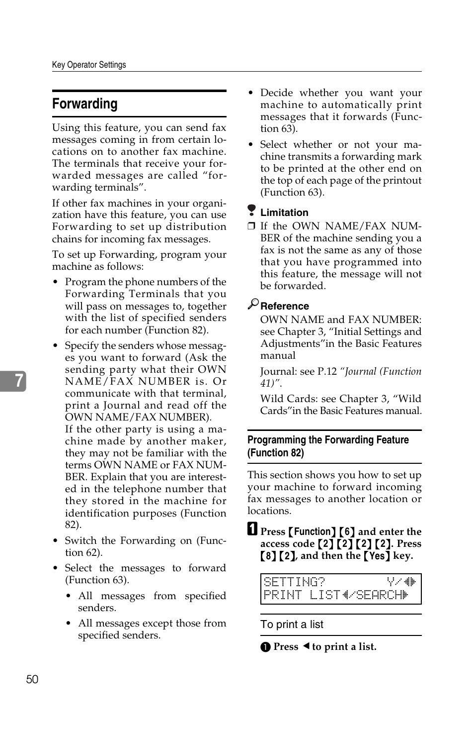 Forwarding, Setting? y/hi print listh/searchi | Ricoh FAX2050L User Manual | Page 130 / 216