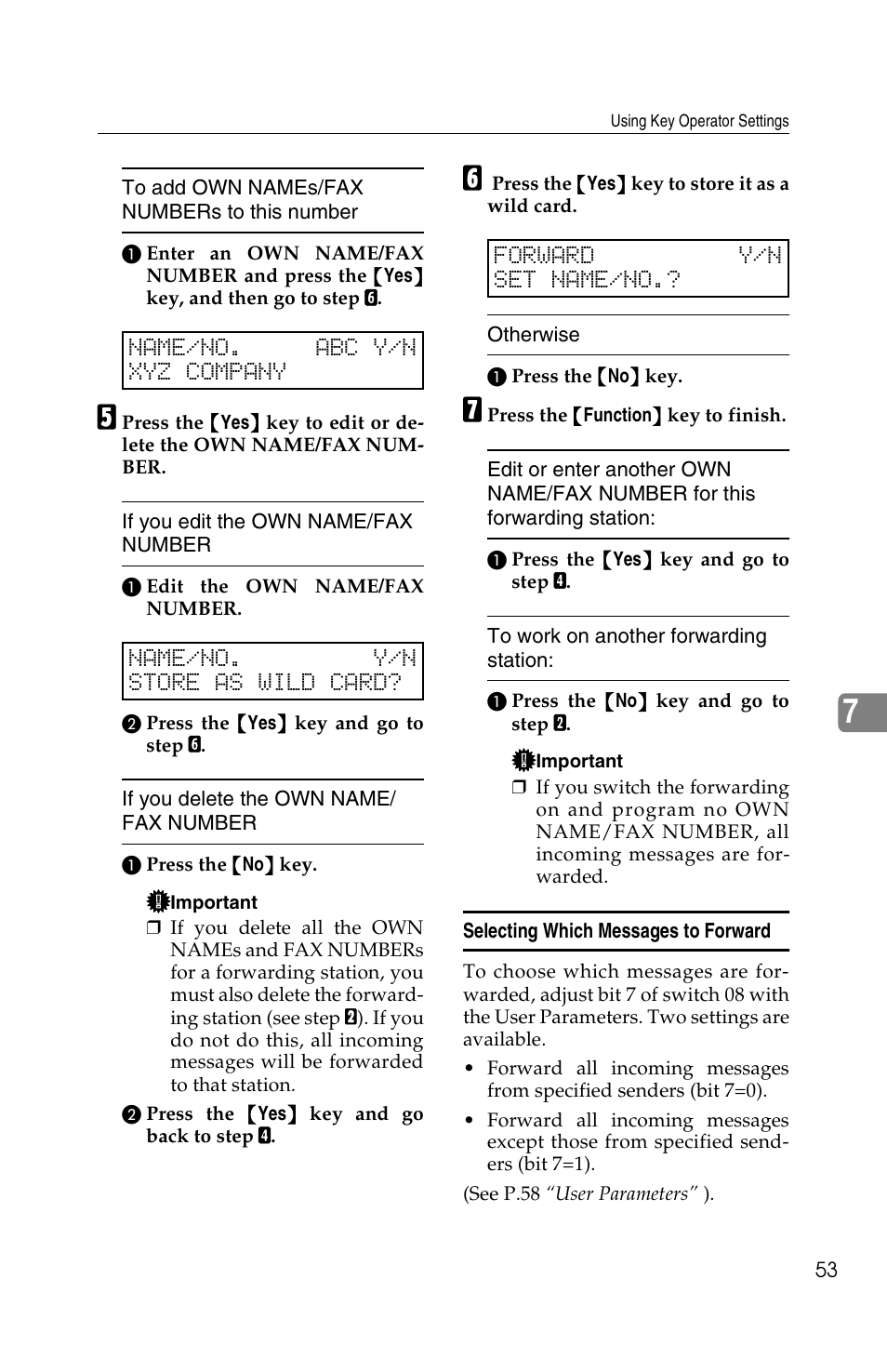 Name/no. abc y/n xyz company, Name/no. y/n store as wild card, Forward y/n set name/no | Ricoh FAX2050L User Manual | Page 133 / 216