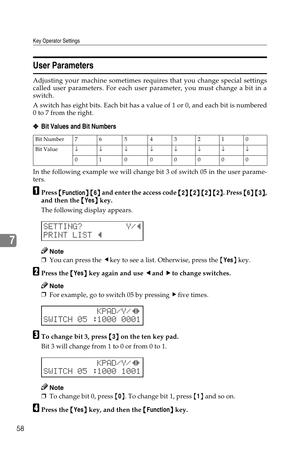 User parameters, Setting? y/h print list h | Ricoh FAX2050L User Manual | Page 138 / 216