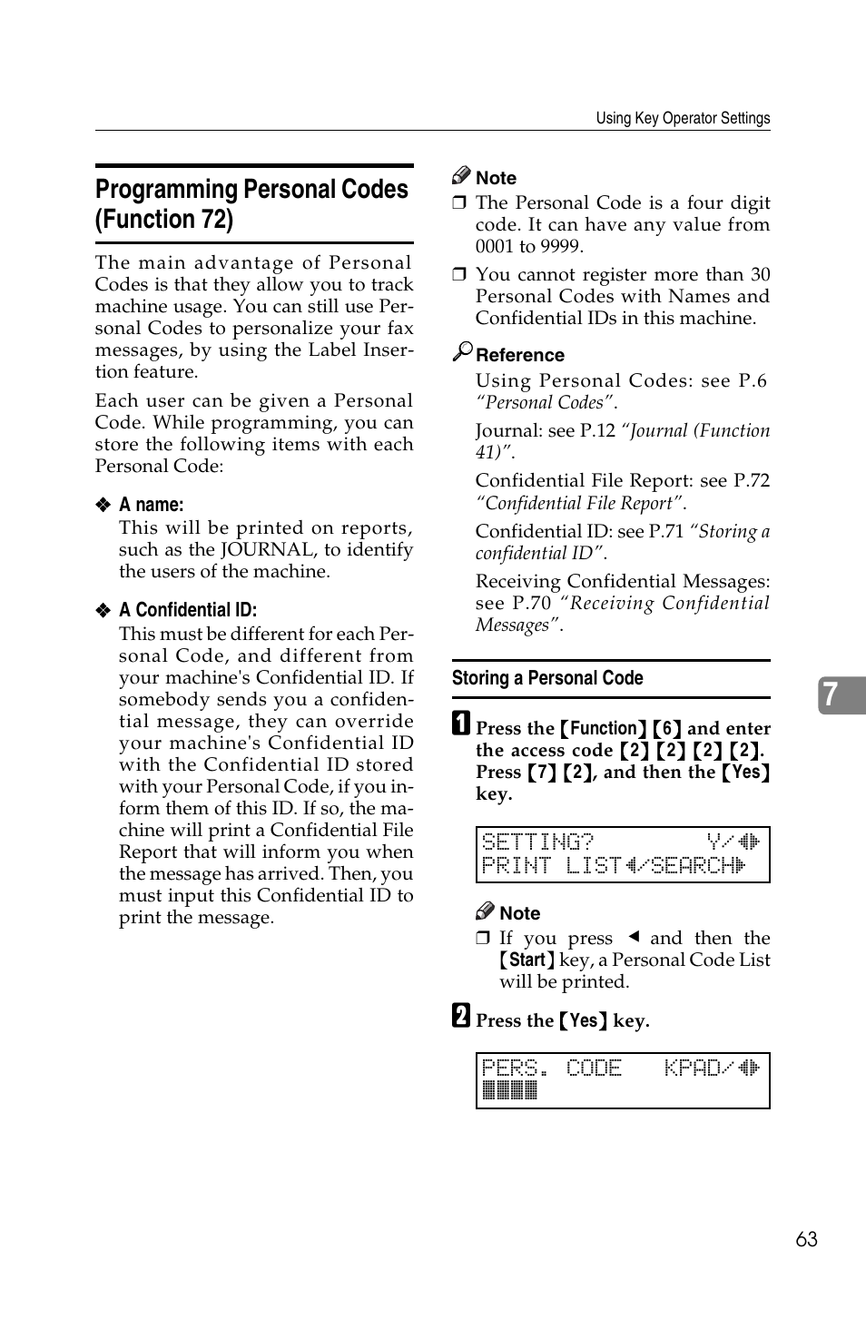 Programming personal codes (function 72) | Ricoh FAX2050L User Manual | Page 143 / 216