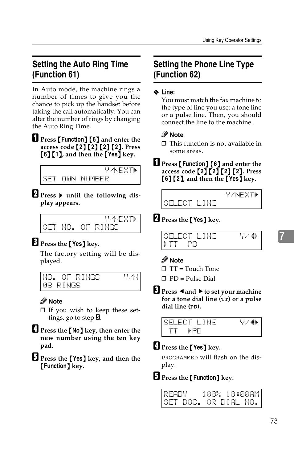 Setting the auto ring time (function 61), Setting the phone line type (function 62) | Ricoh FAX2050L User Manual | Page 153 / 216