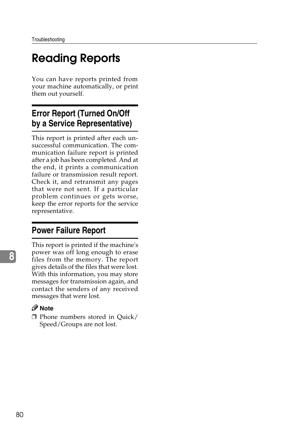 8reading reports, Power failure report | Ricoh FAX2050L User Manual | Page 160 / 216