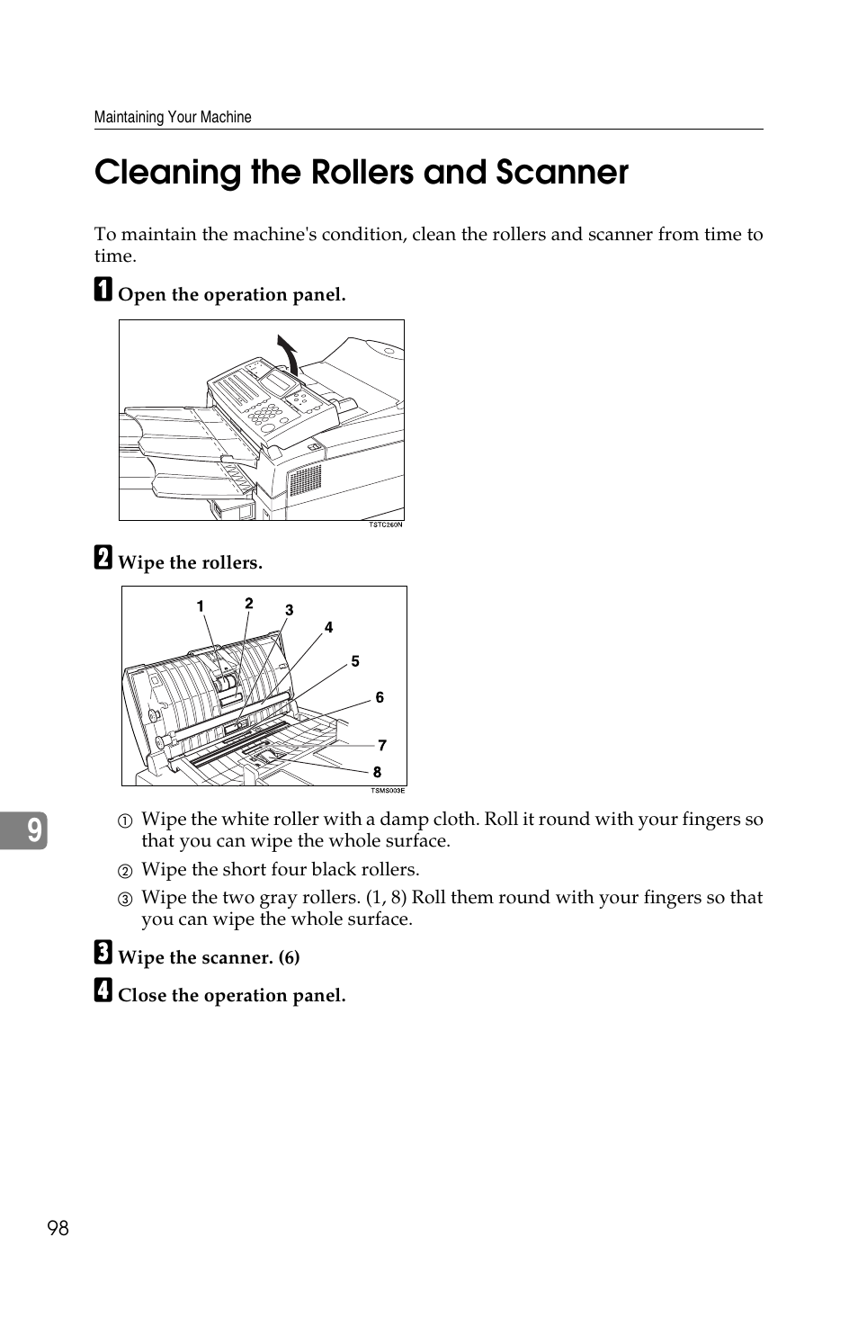 9cleaning the rollers and scanner | Ricoh FAX2050L User Manual | Page 178 / 216
