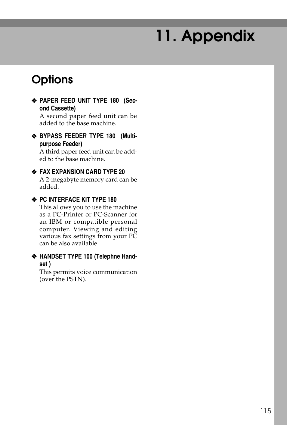 Appendix, Options | Ricoh FAX2050L User Manual | Page 195 / 216