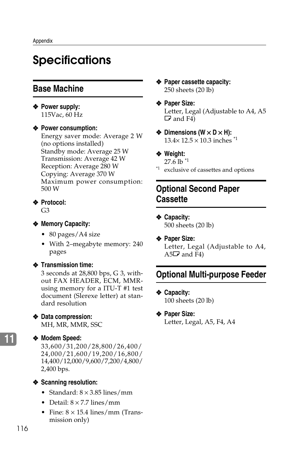11 specifications, Base machine, Optional second paper cassette | Optional multi-purpose feeder | Ricoh FAX2050L User Manual | Page 196 / 216