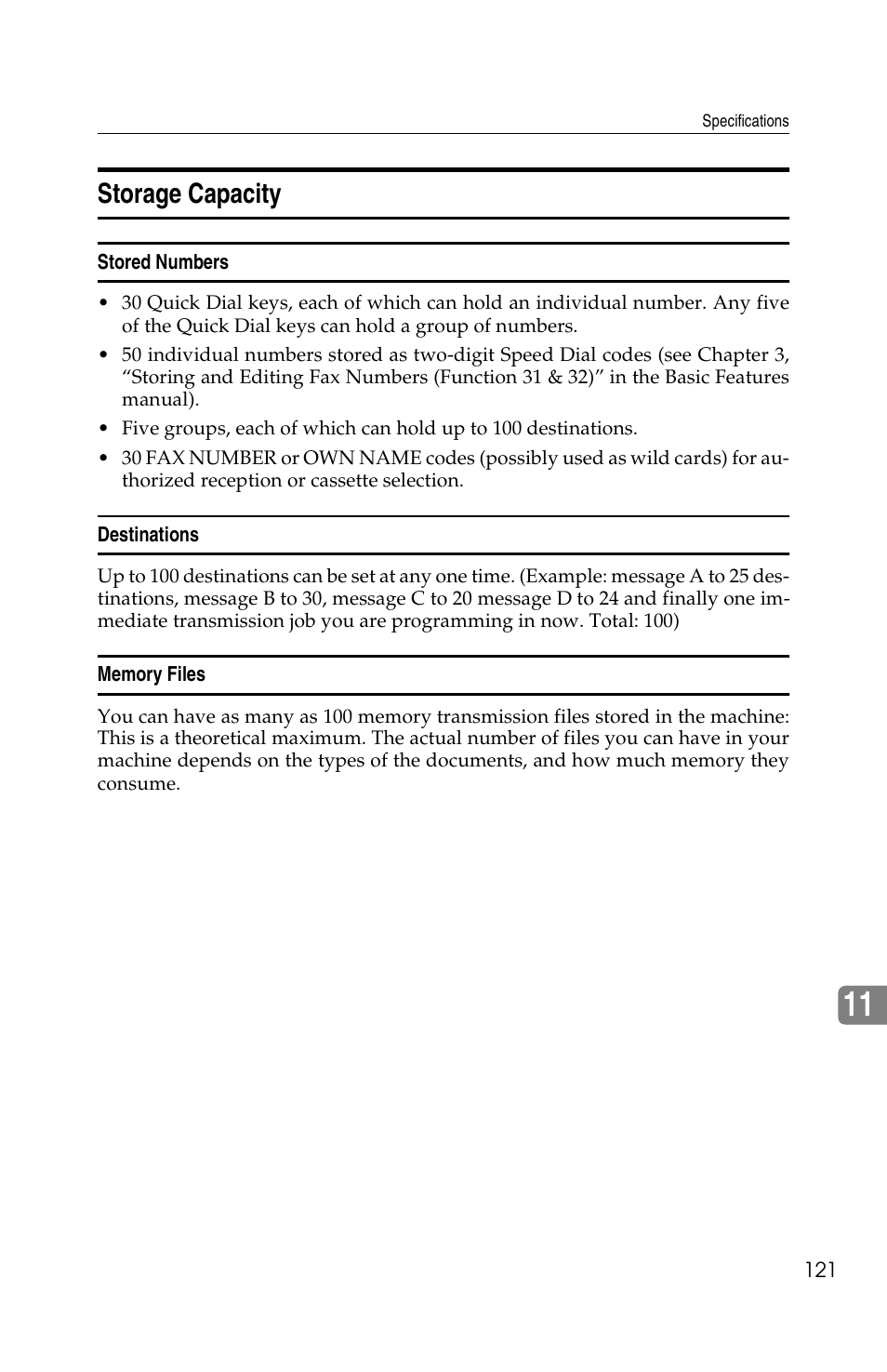 Storage capacity | Ricoh FAX2050L User Manual | Page 201 / 216