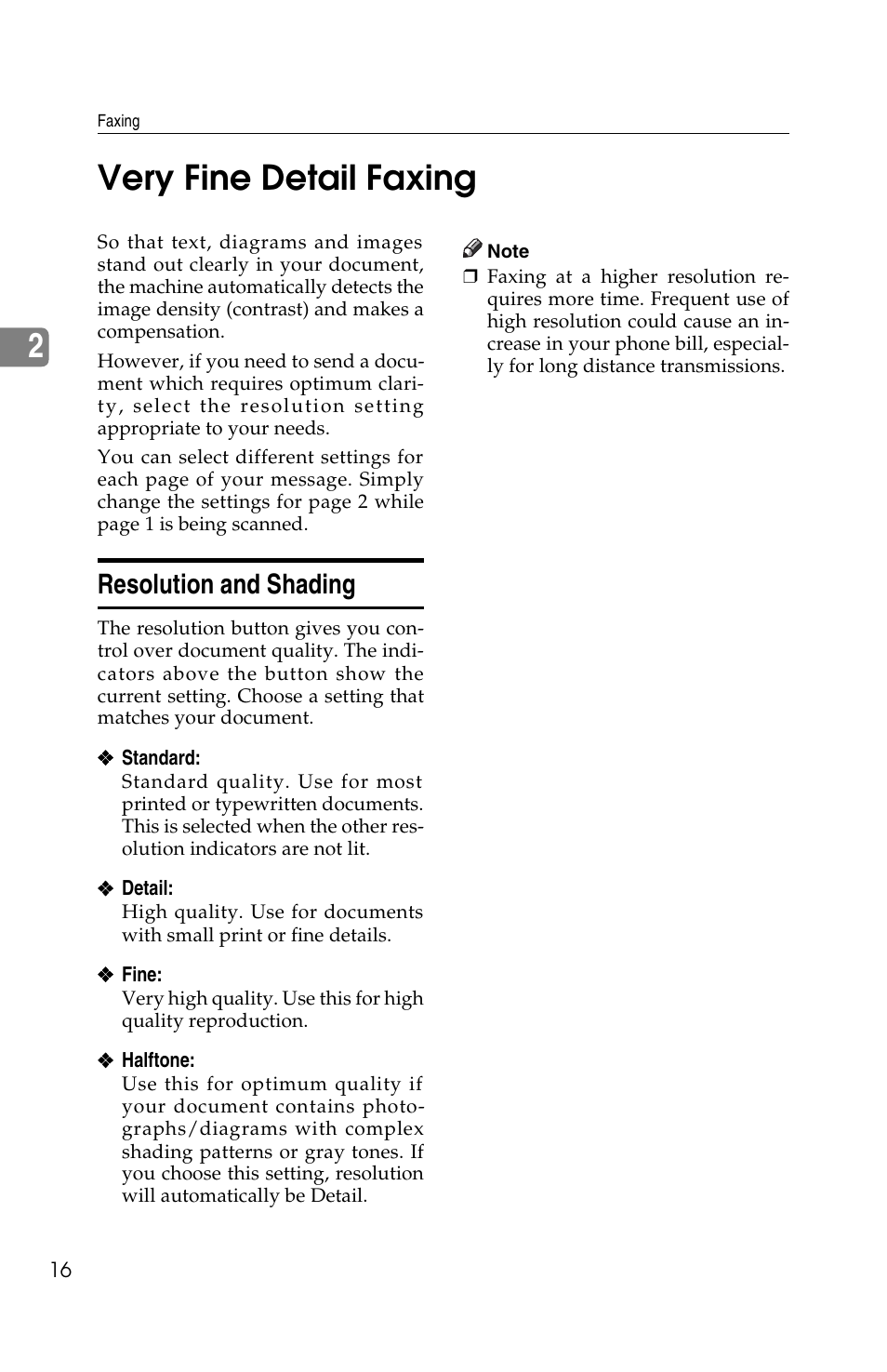 2very fine detail faxing, Resolution and shading | Ricoh FAX2050L User Manual | Page 26 / 216
