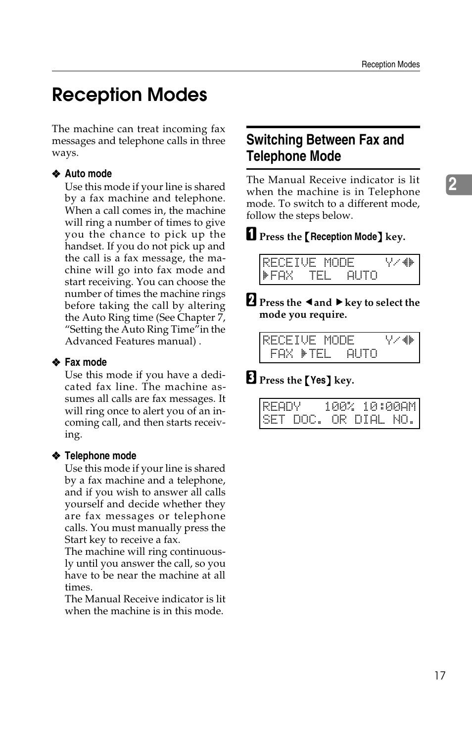 2reception modes, Switching between fax and telephone mode | Ricoh FAX2050L User Manual | Page 27 / 216