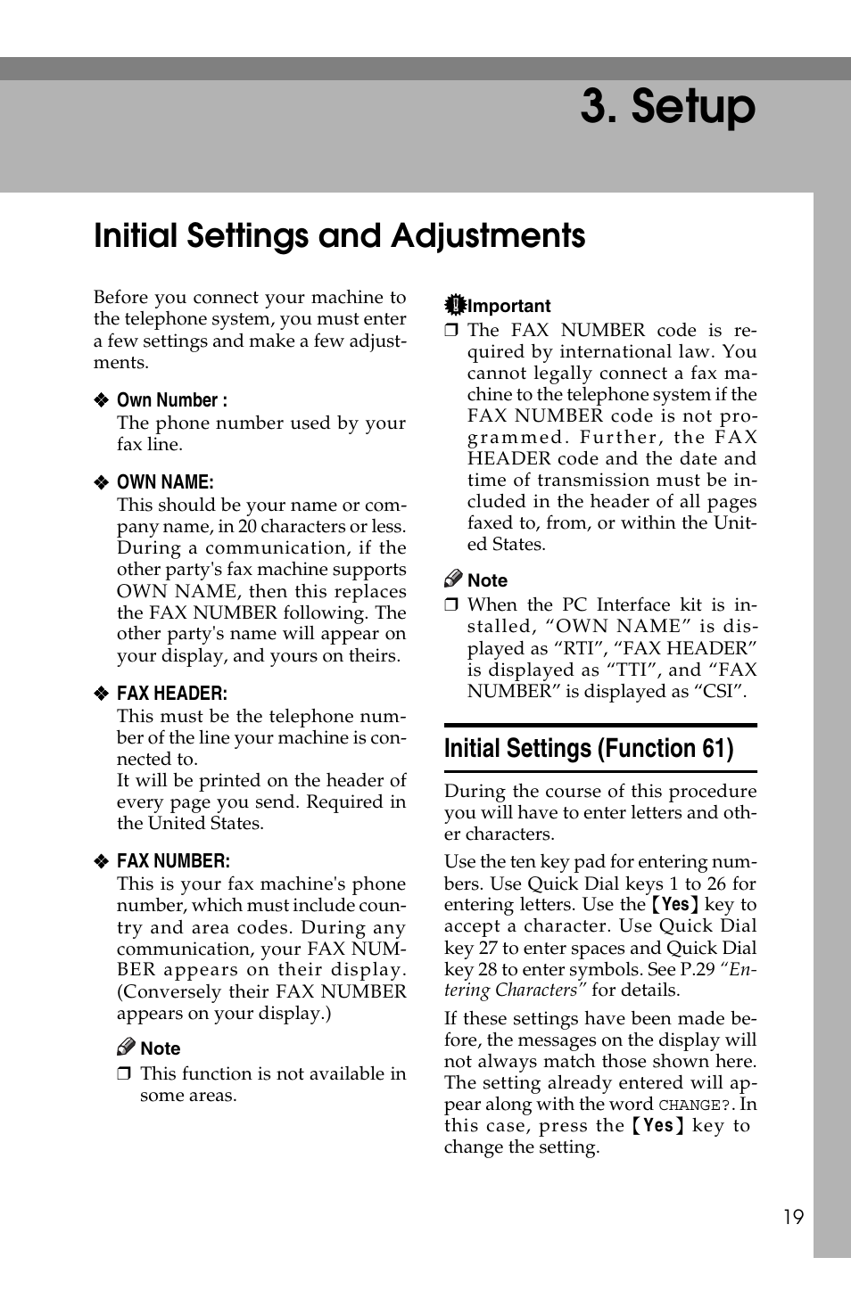 Setup, Initial settings and adjustments, Initial settings (function 61) | Ricoh FAX2050L User Manual | Page 29 / 216