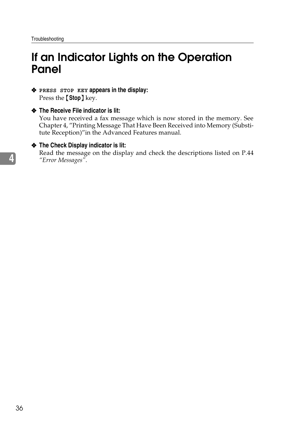 4if an indicator lights on the operation panel | Ricoh FAX2050L User Manual | Page 46 / 216