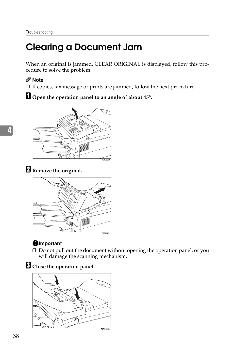 4clearing a document jam | Ricoh FAX2050L User Manual | Page 48 / 216